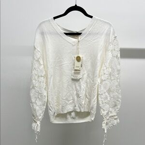Seventy White V-Neck Sweater with Lace Sleeves